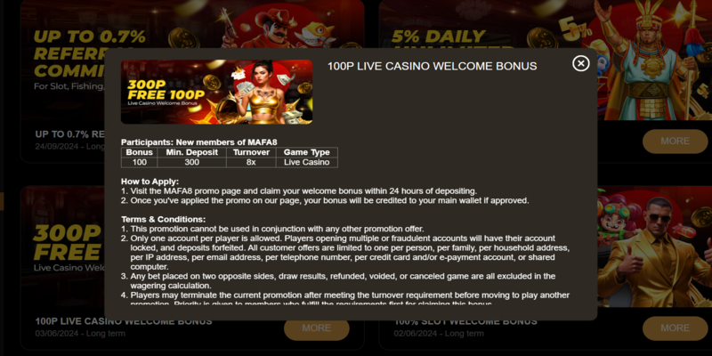 mafa8 100% live casino welcome bonus terms and conditions